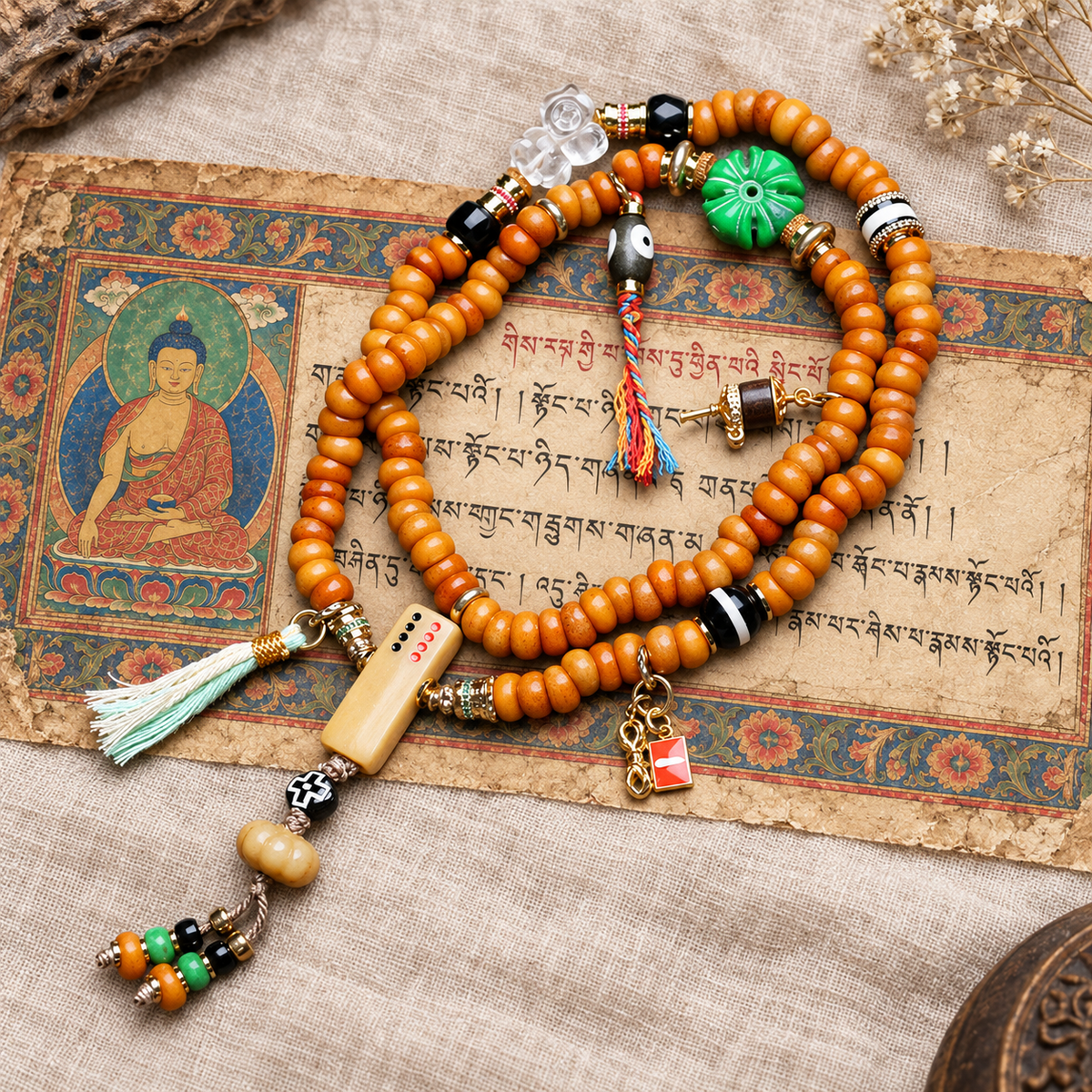 EverestArtstudios Bone 108-Bead Mala with Camel Bone and Agate Accents — full product
