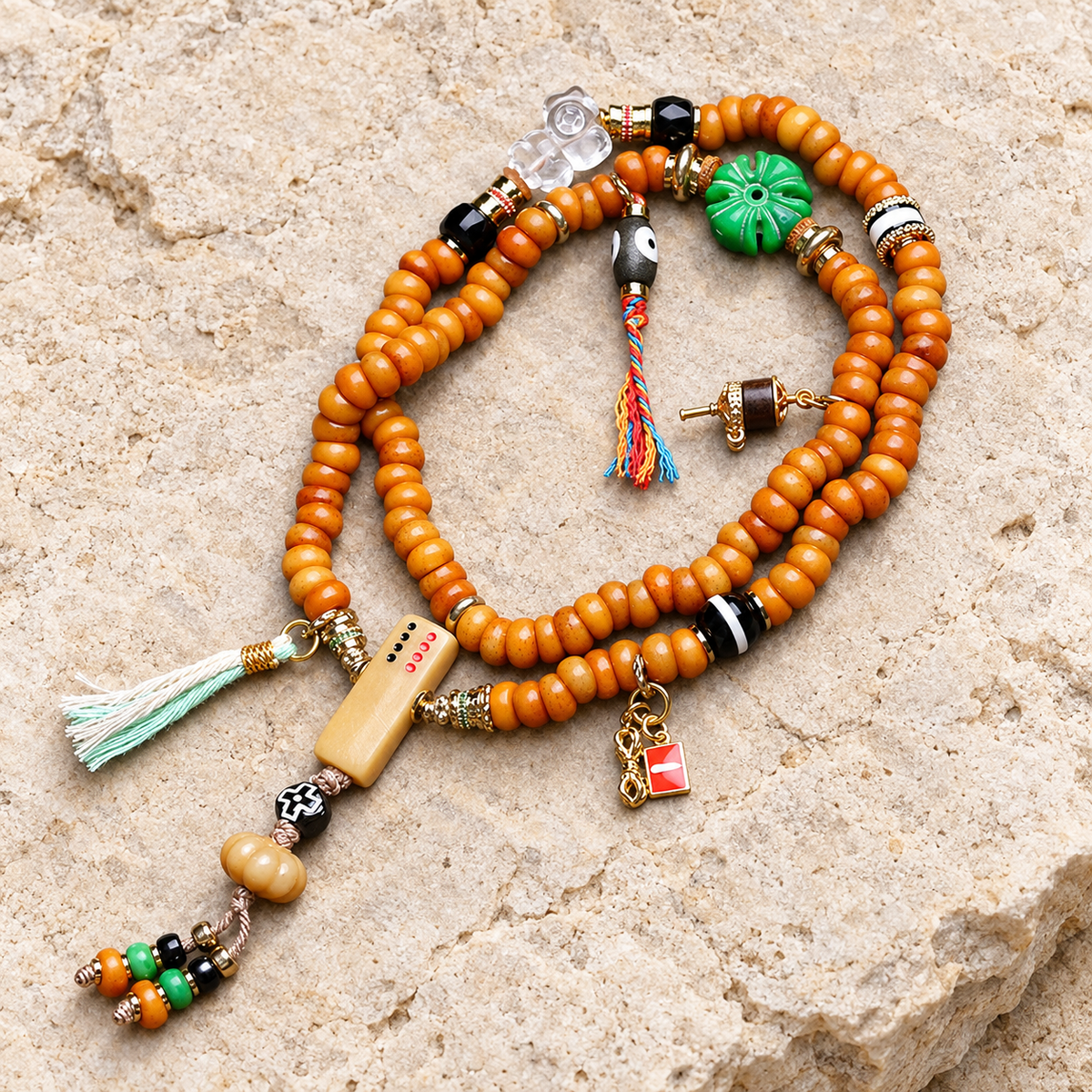 EverestArtstudios Bone 108-Bead Mala with Camel Bone and Agate Accents — overall display
