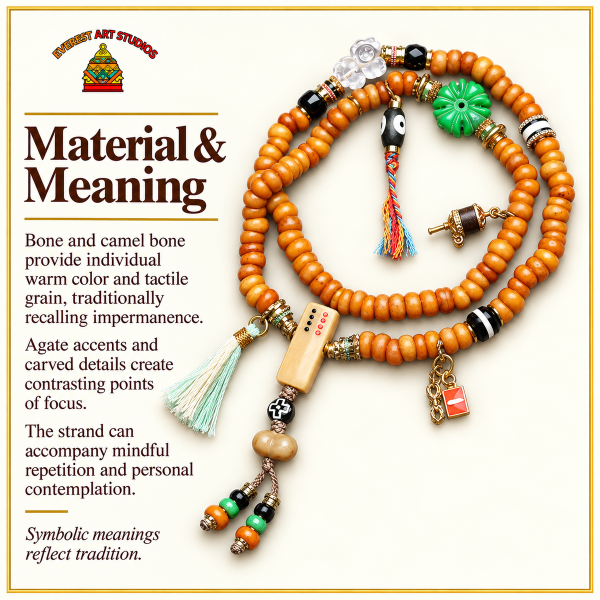 EverestArtstudios Bone 108-Bead Mala with Camel Bone and Agate Accents — materials meaning