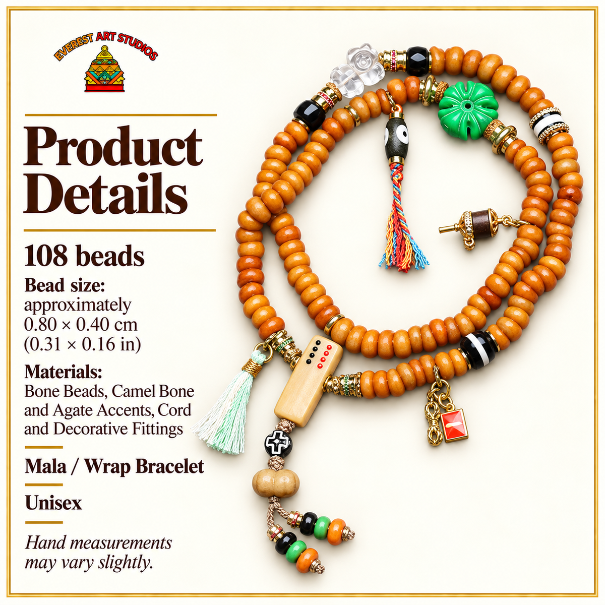 EverestArtstudios Bone 108-Bead Mala with Camel Bone and Agate Accents — specifications