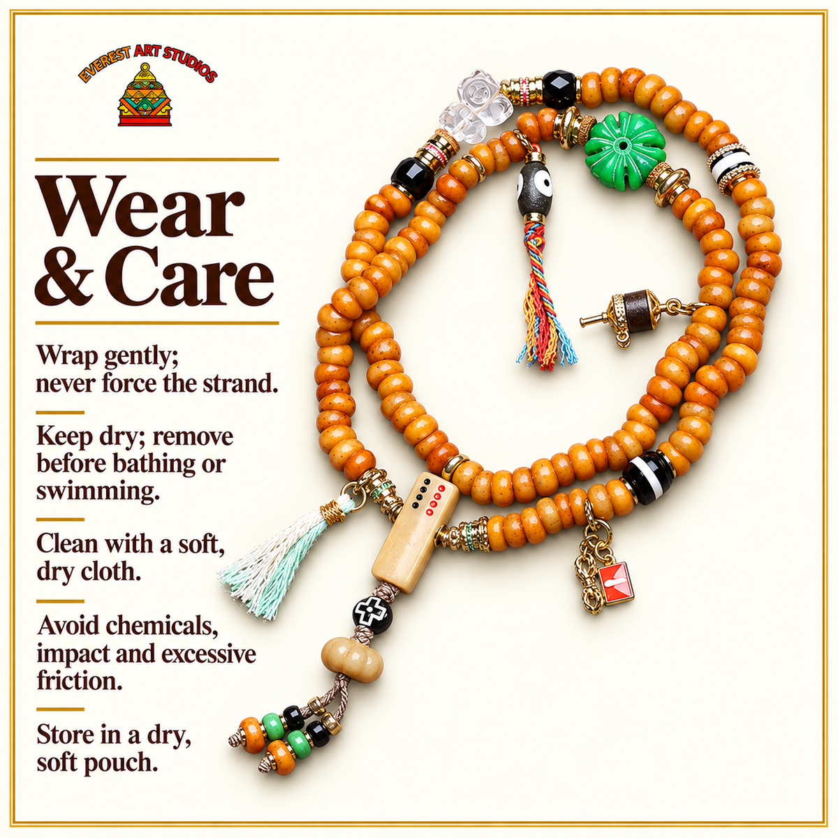 EverestArtstudios Bone 108-Bead Mala with Camel Bone and Agate Accents — care