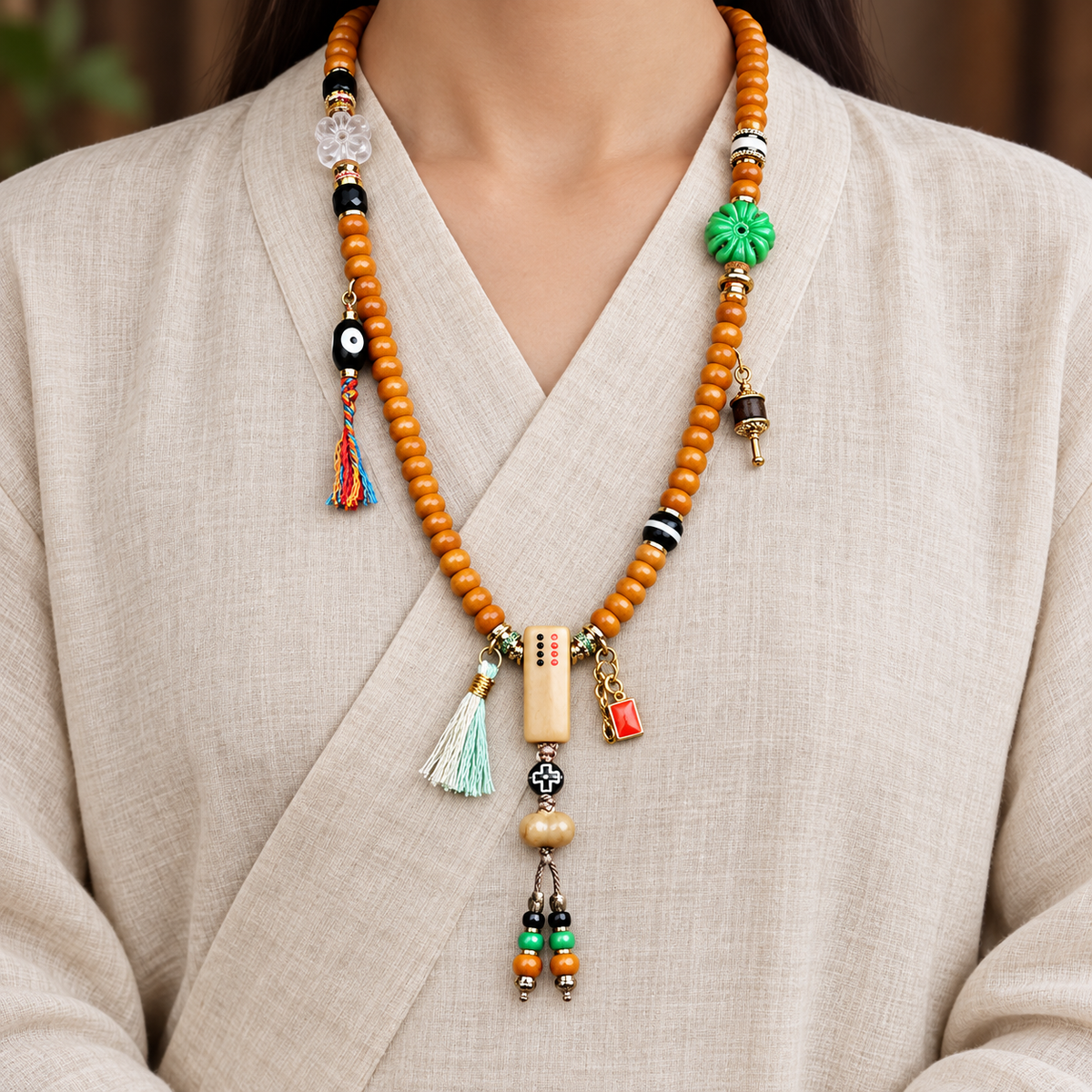 EverestArtstudios Bone 108-Bead Mala with Camel Bone and Agate Accents — linen front