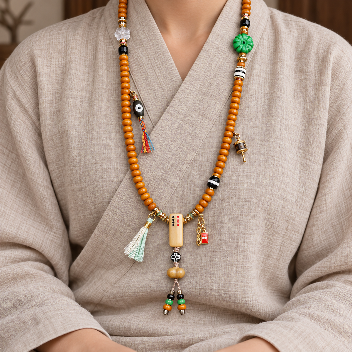 EverestArtstudios Bone 108-Bead Mala with Camel Bone and Agate Accents — linen seated