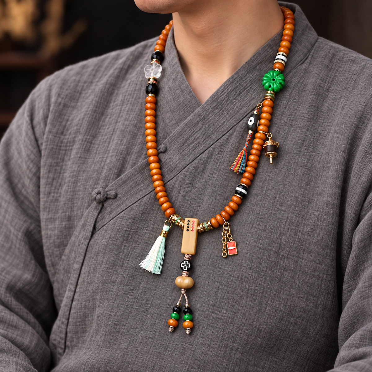 EverestArtstudios Bone 108-Bead Mala with Camel Bone and Agate Accents — linen side