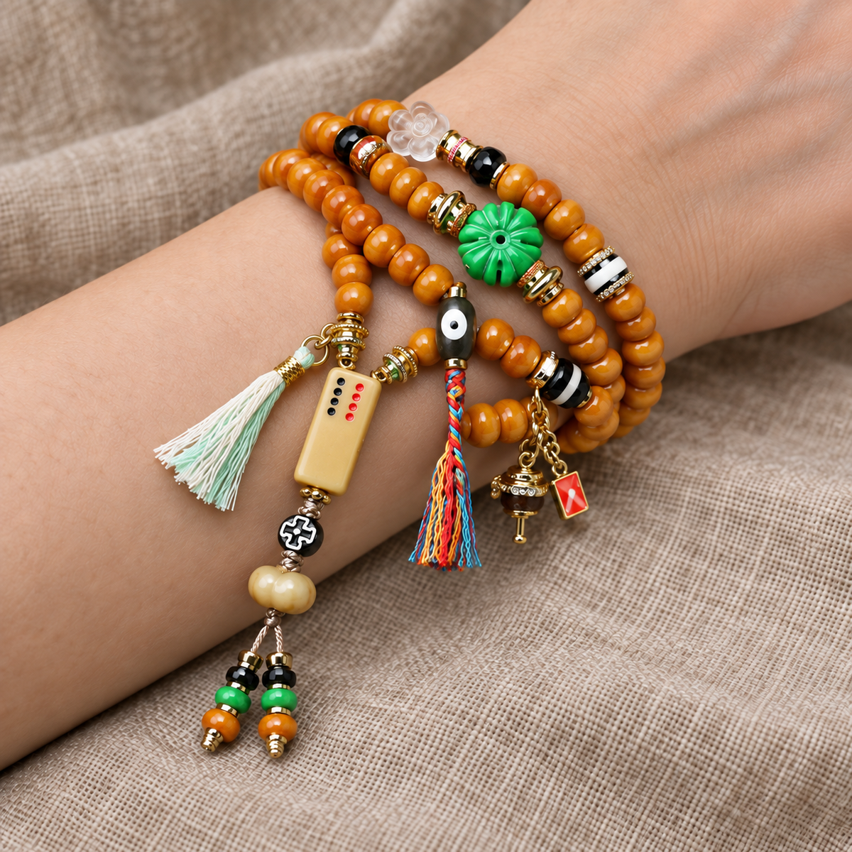EverestArtstudios Bone 108-Bead Mala with Camel Bone and Agate Accents — wrist resting