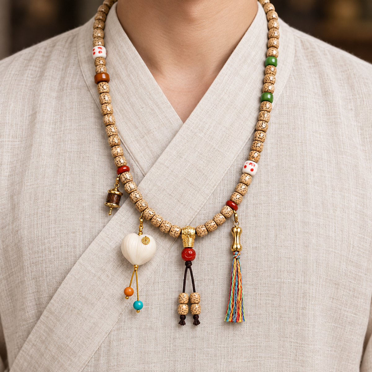 Xingyue Bodhi 108-bead mala — linen front