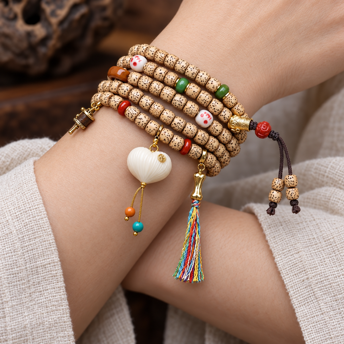 Xingyue Bodhi 108-bead mala — wrist crossed