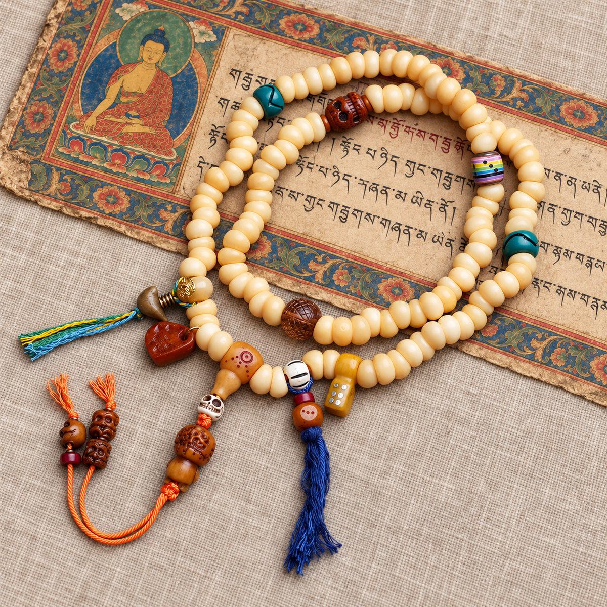 EverestArtstudios Golden-Tone Camel Bone 108-Bead Mala with Yak Bone Accents — full product