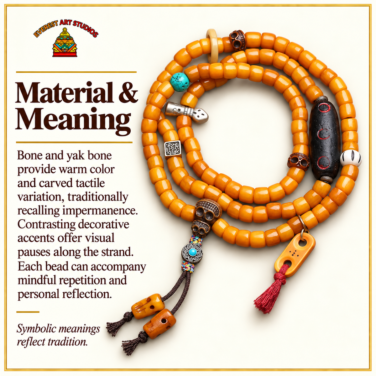 EverestArtstudios Bone 108-Bead Mala with Carved Yak Bone Accents — materials meaning