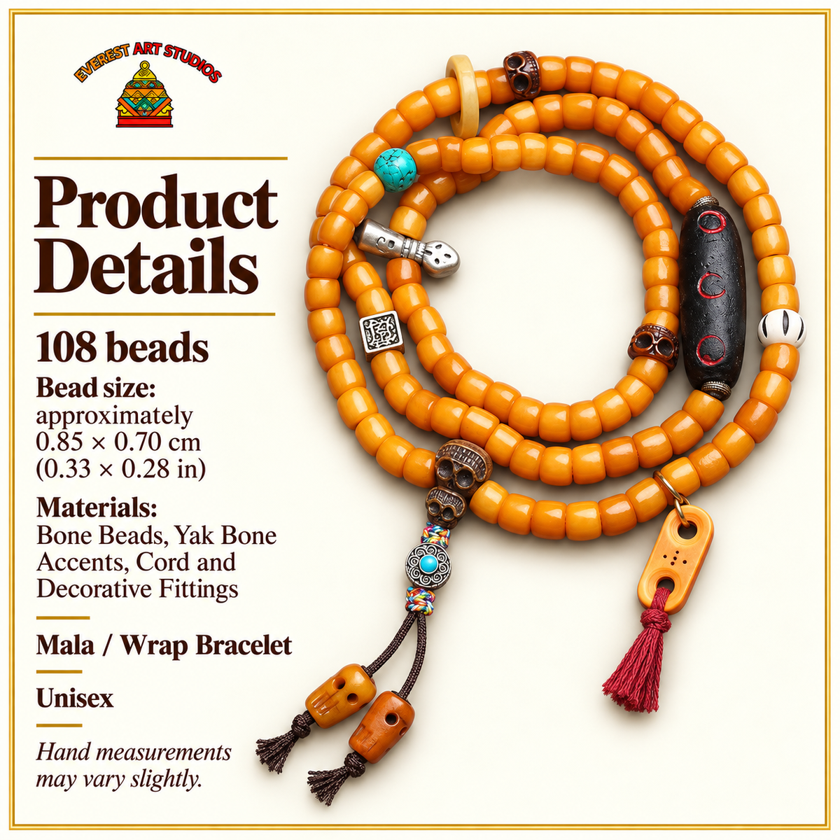 EverestArtstudios Bone 108-Bead Mala with Carved Yak Bone Accents — specifications