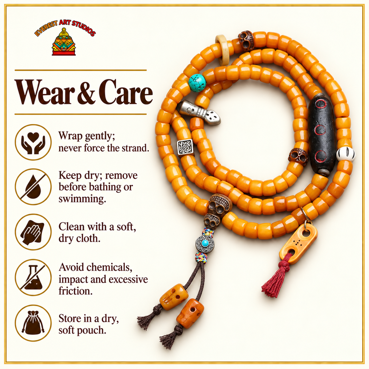 EverestArtstudios Bone 108-Bead Mala with Carved Yak Bone Accents — care