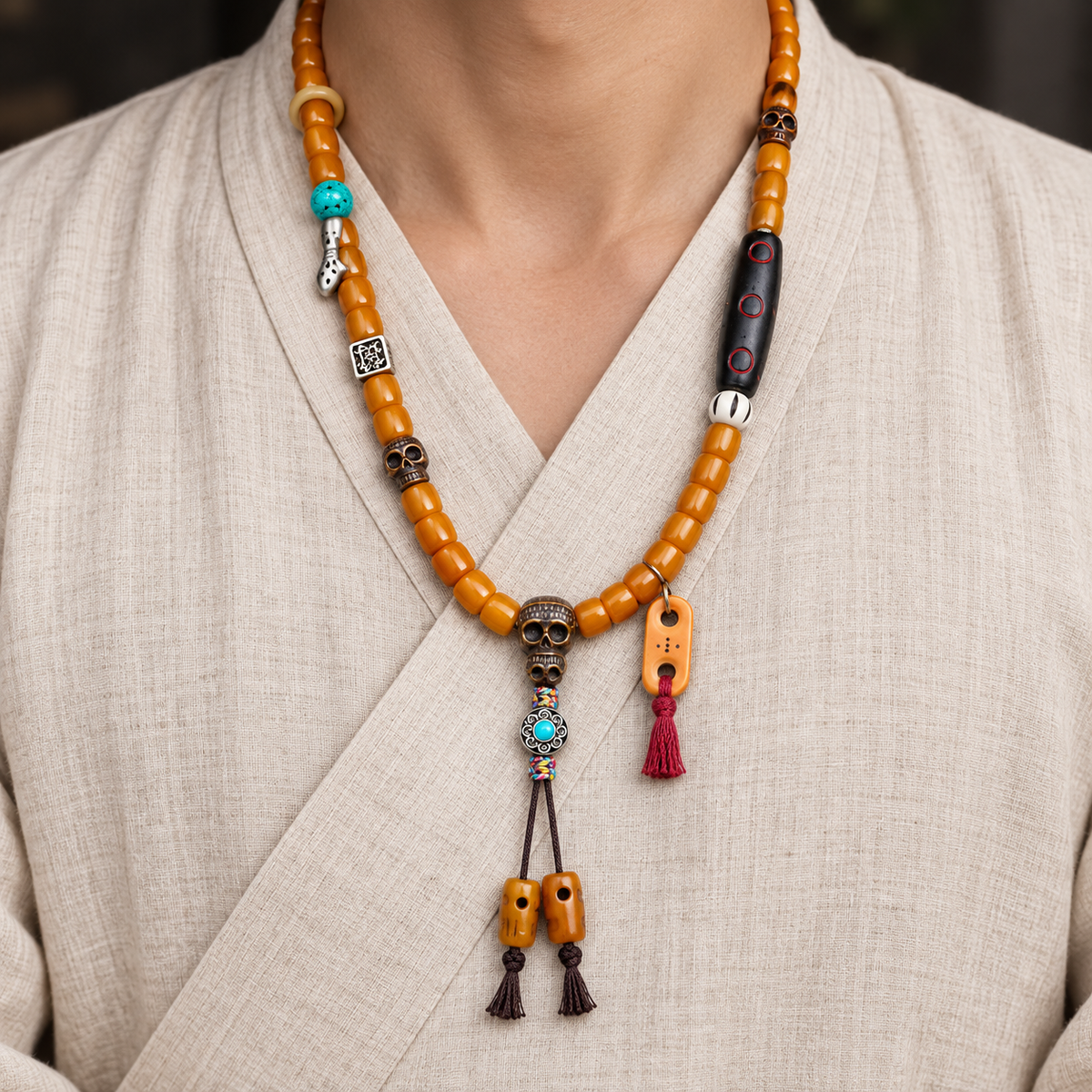 EverestArtstudios Bone 108-Bead Mala with Carved Yak Bone Accents — linen front