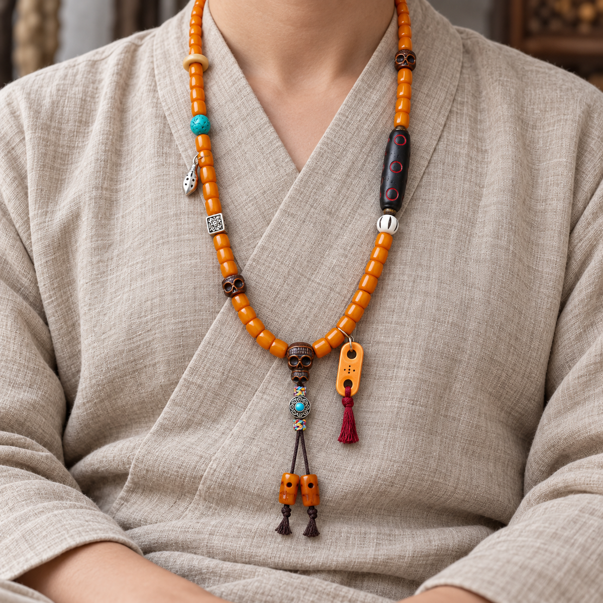 EverestArtstudios Bone 108-Bead Mala with Carved Yak Bone Accents — linen seated