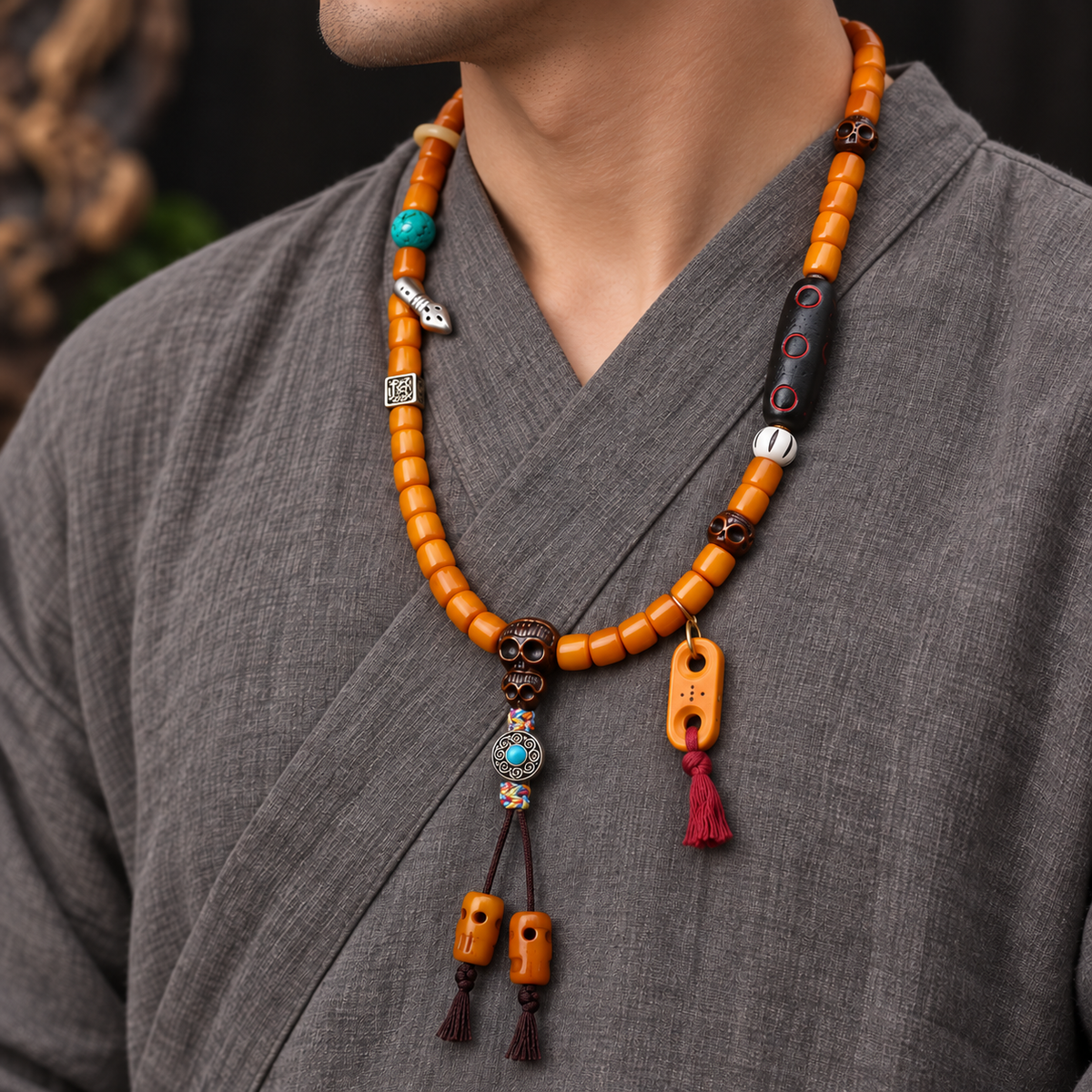 EverestArtstudios Bone 108-Bead Mala with Carved Yak Bone Accents — linen side