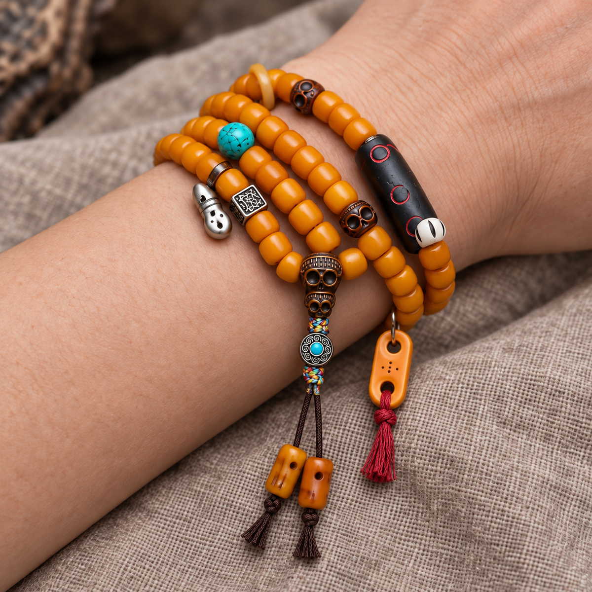 EverestArtstudios Bone 108-Bead Mala with Carved Yak Bone Accents — wrist resting