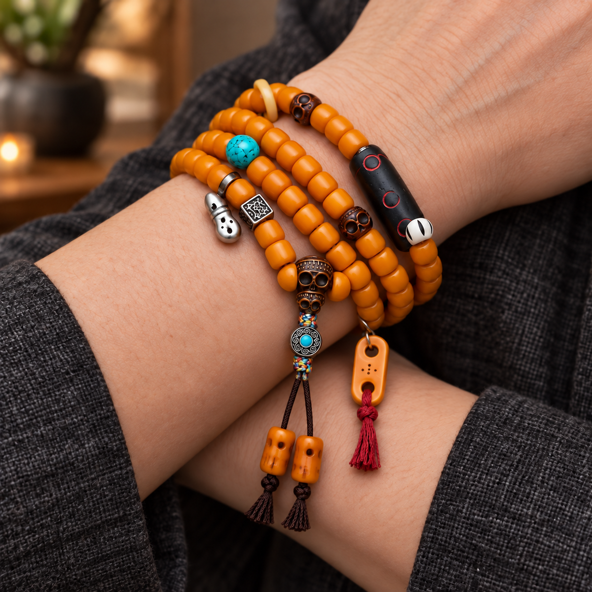 EverestArtstudios Bone 108-Bead Mala with Carved Yak Bone Accents — wrist crossed
