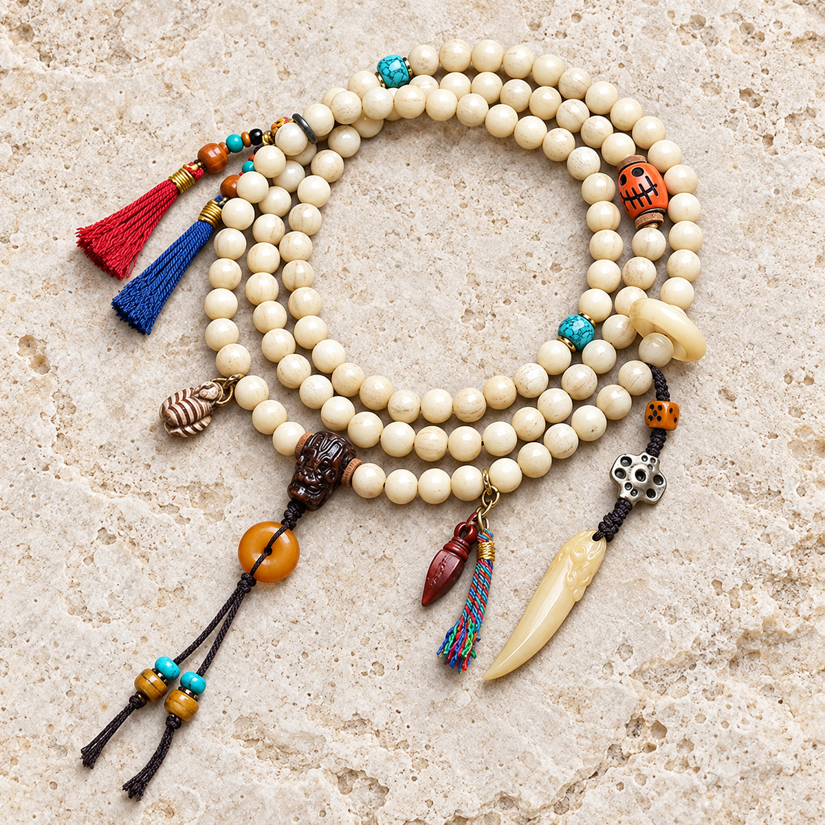 EverestArtstudios Bone 108-Bead Mala with Safety Ring and Vajra Motif Charms — overall display