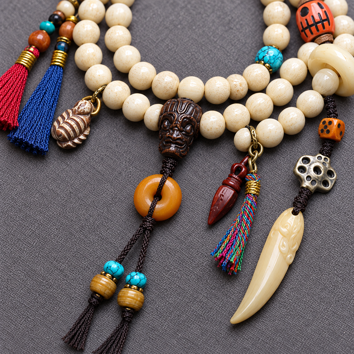 EverestArtstudios Bone 108-Bead Mala with Safety Ring and Vajra Motif Charms — connection detail