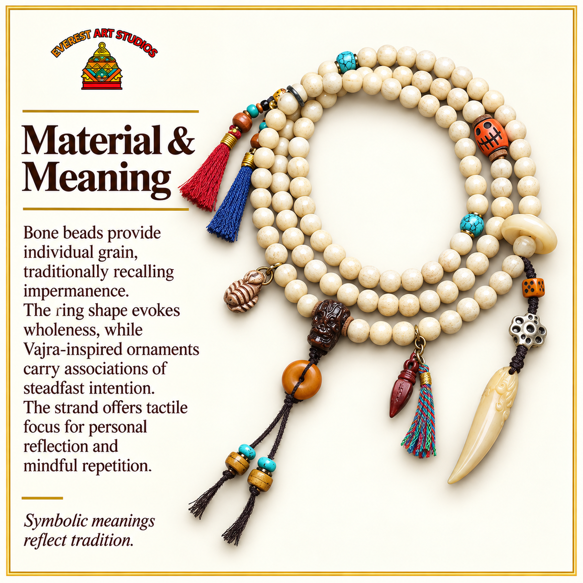 EverestArtstudios Bone 108-Bead Mala with Safety Ring and Vajra Motif Charms — materials meaning