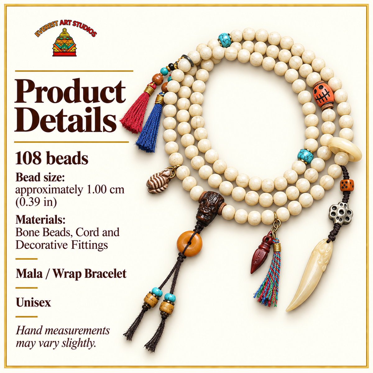 EverestArtstudios Bone 108-Bead Mala with Safety Ring and Vajra Motif Charms — specifications