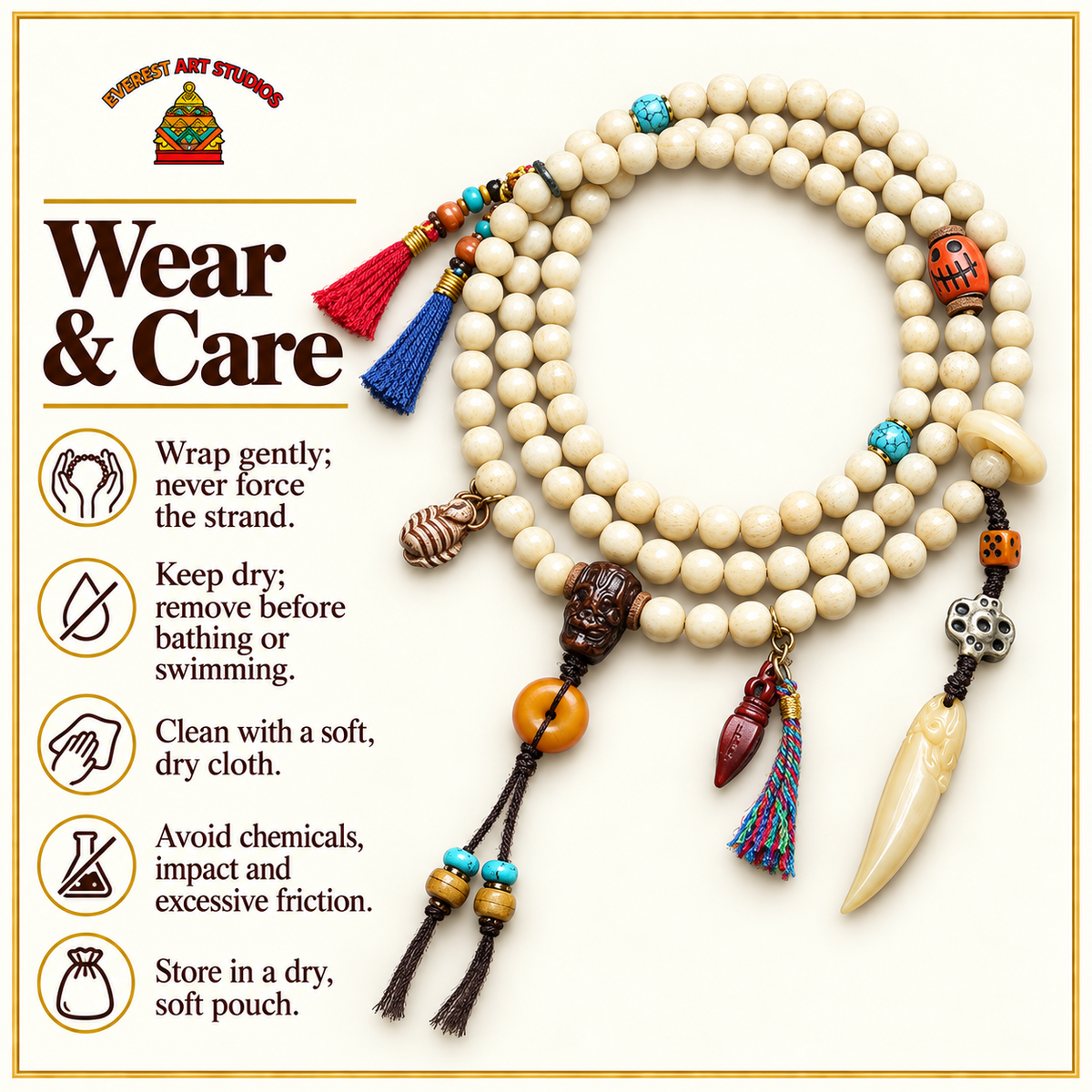 EverestArtstudios Bone 108-Bead Mala with Safety Ring and Vajra Motif Charms — care