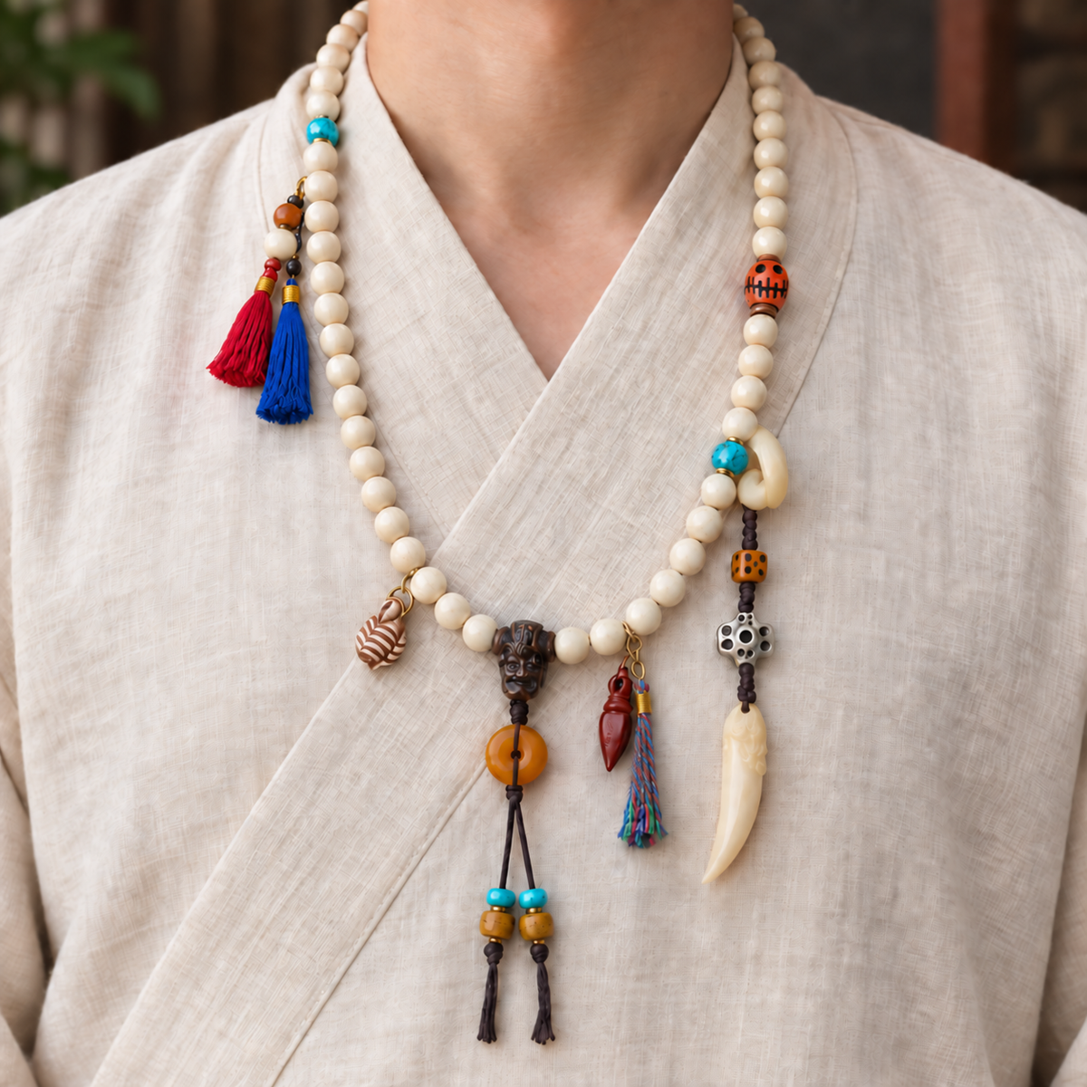 EverestArtstudios Bone 108-Bead Mala with Safety Ring and Vajra Motif Charms — linen front