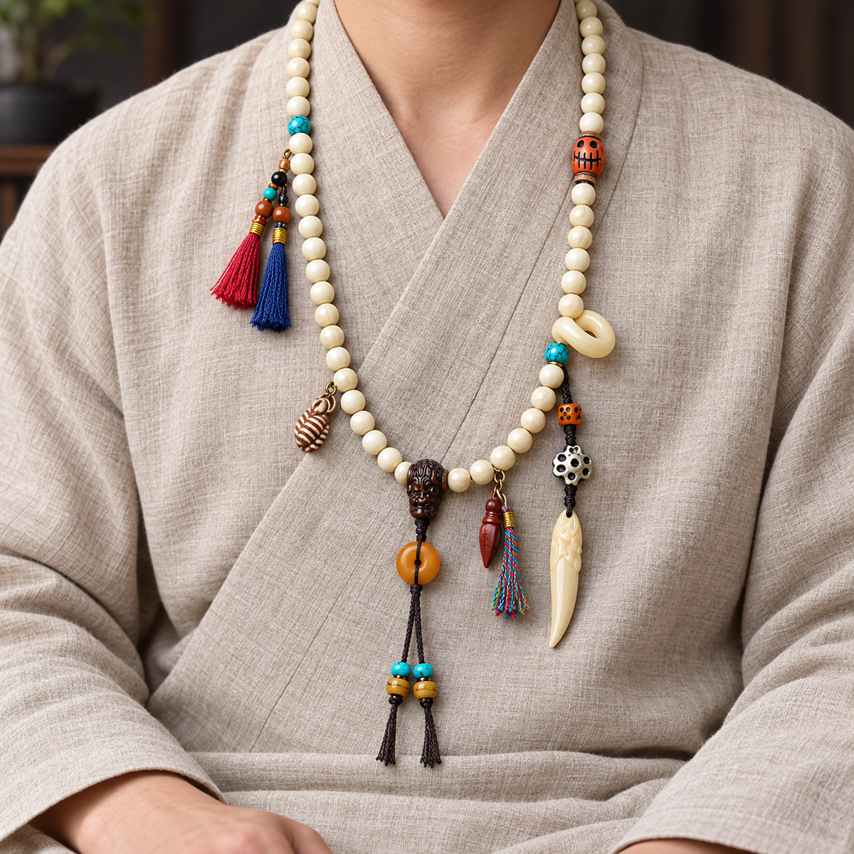 EverestArtstudios Bone 108-Bead Mala with Safety Ring and Vajra Motif Charms — linen seated
