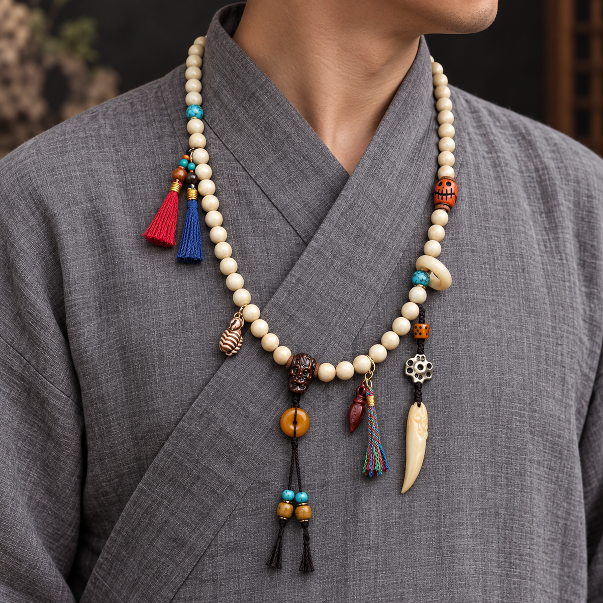 EverestArtstudios Bone 108-Bead Mala with Safety Ring and Vajra Motif Charms — linen side