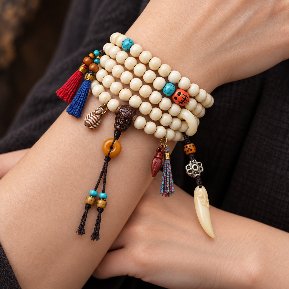 EverestArtstudios Bone 108-Bead Mala with Safety Ring and Vajra Motif Charms — wrist crossed