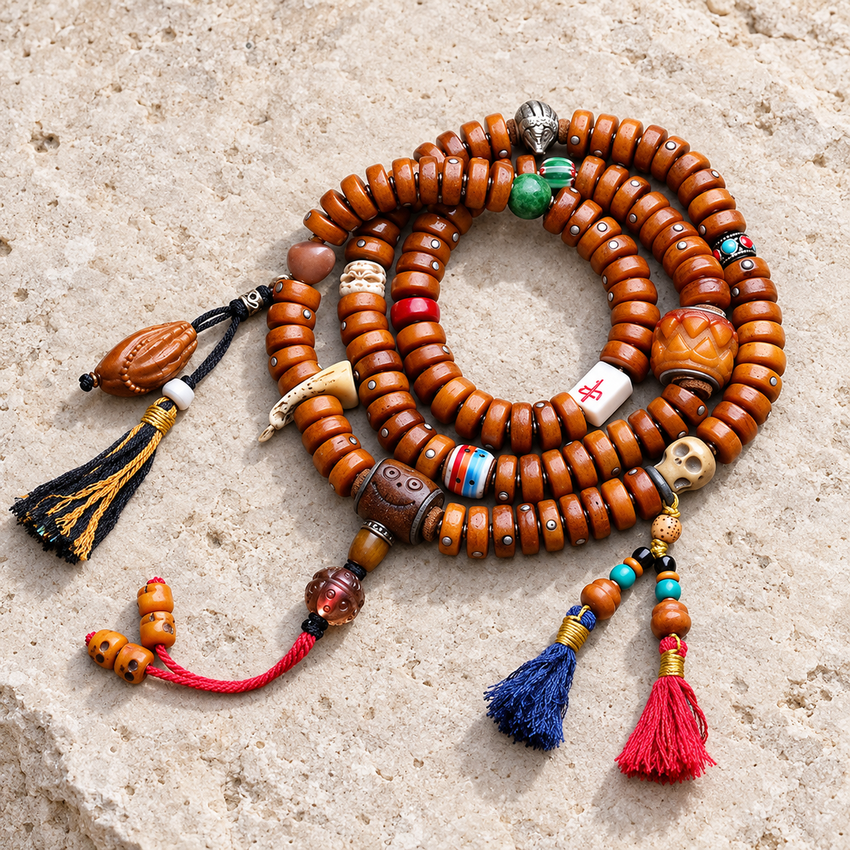 EverestArtstudios Metal-Inlaid Yak Bone 108-Bead Mala with Glass Accents — overall display