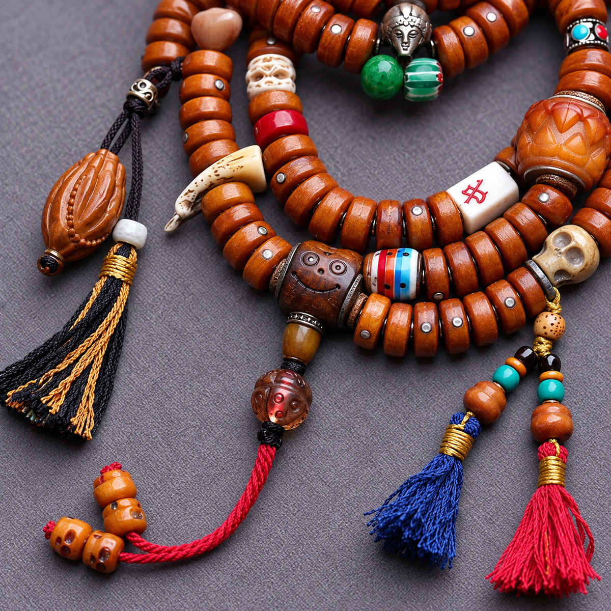 EverestArtstudios Metal-Inlaid Yak Bone 108-Bead Mala with Glass Accents — connection detail