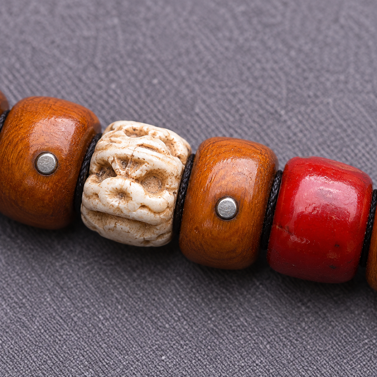 EverestArtstudios Metal-Inlaid Yak Bone 108-Bead Mala with Glass Accents — surface detail