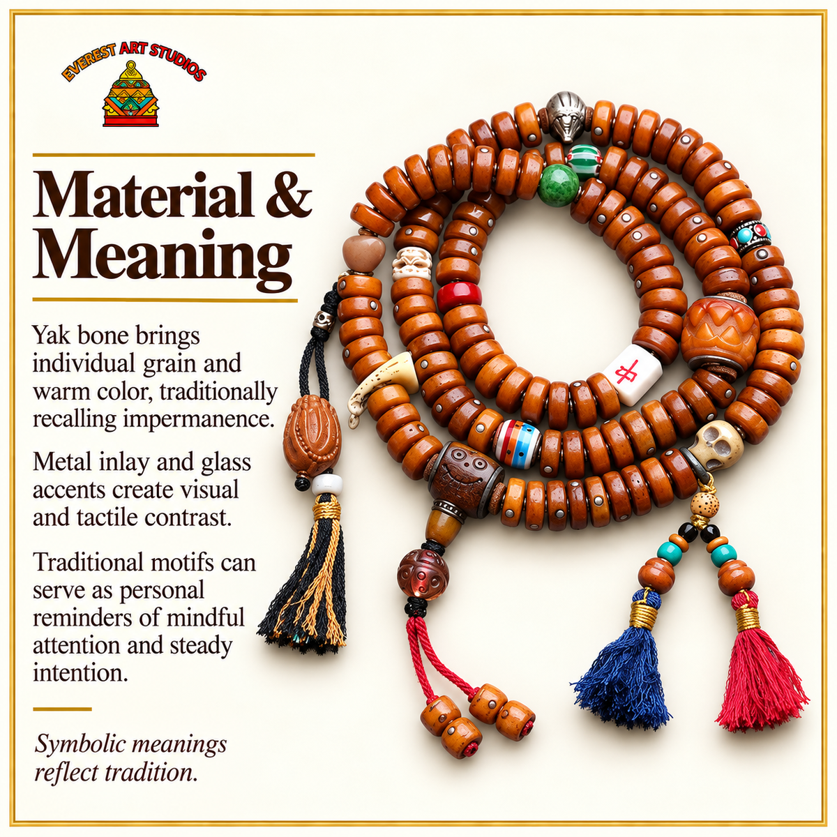 EverestArtstudios Metal-Inlaid Yak Bone 108-Bead Mala with Glass Accents — materials meaning