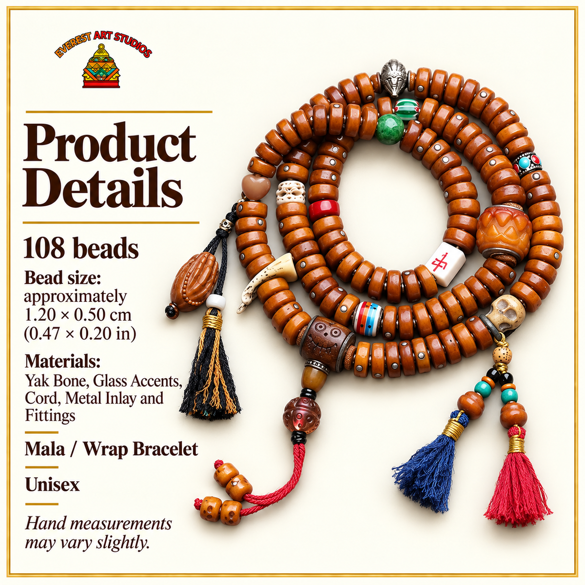 EverestArtstudios Metal-Inlaid Yak Bone 108-Bead Mala with Glass Accents — specifications