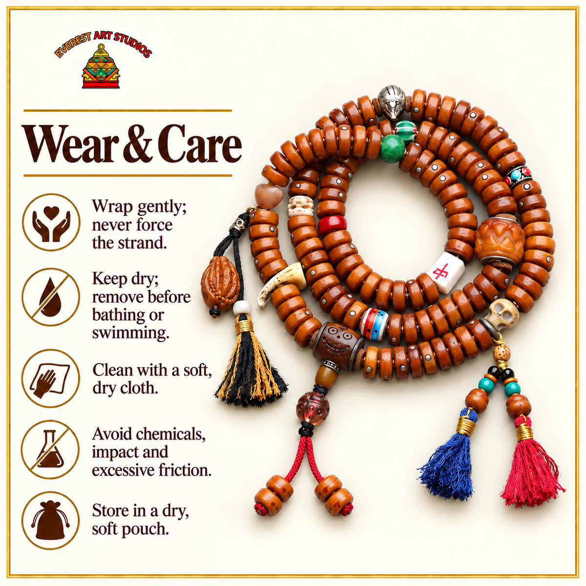 EverestArtstudios Metal-Inlaid Yak Bone 108-Bead Mala with Glass Accents — care