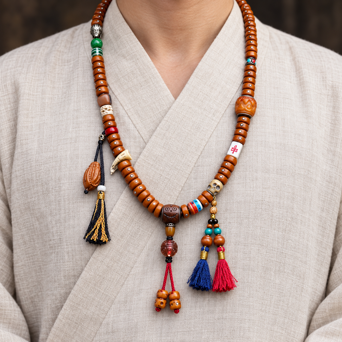 EverestArtstudios Metal-Inlaid Yak Bone 108-Bead Mala with Glass Accents — linen front