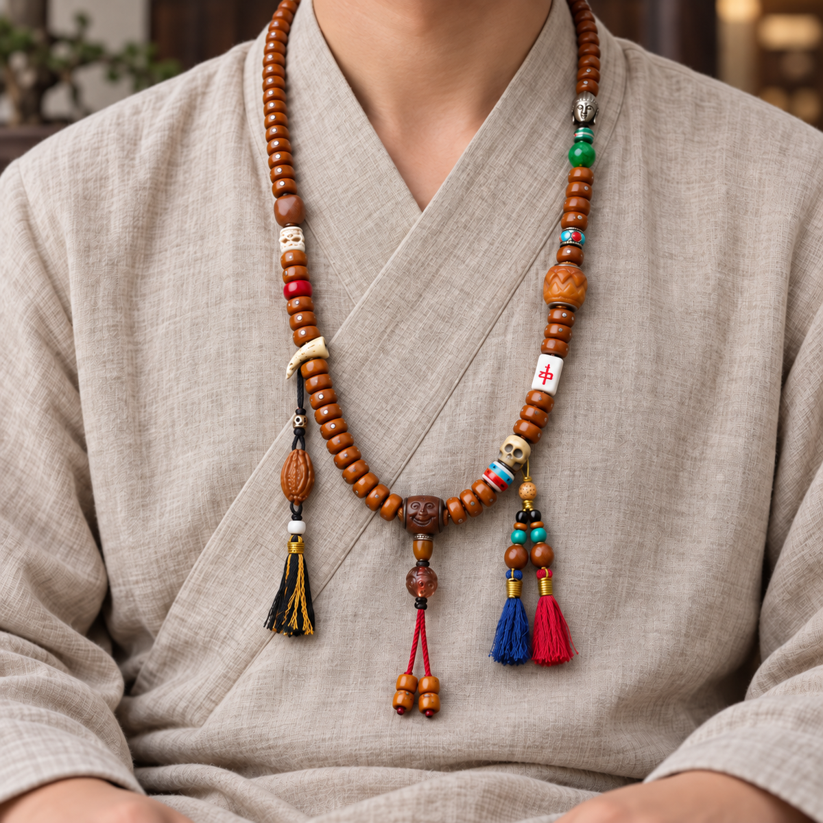 EverestArtstudios Metal-Inlaid Yak Bone 108-Bead Mala with Glass Accents — linen seated