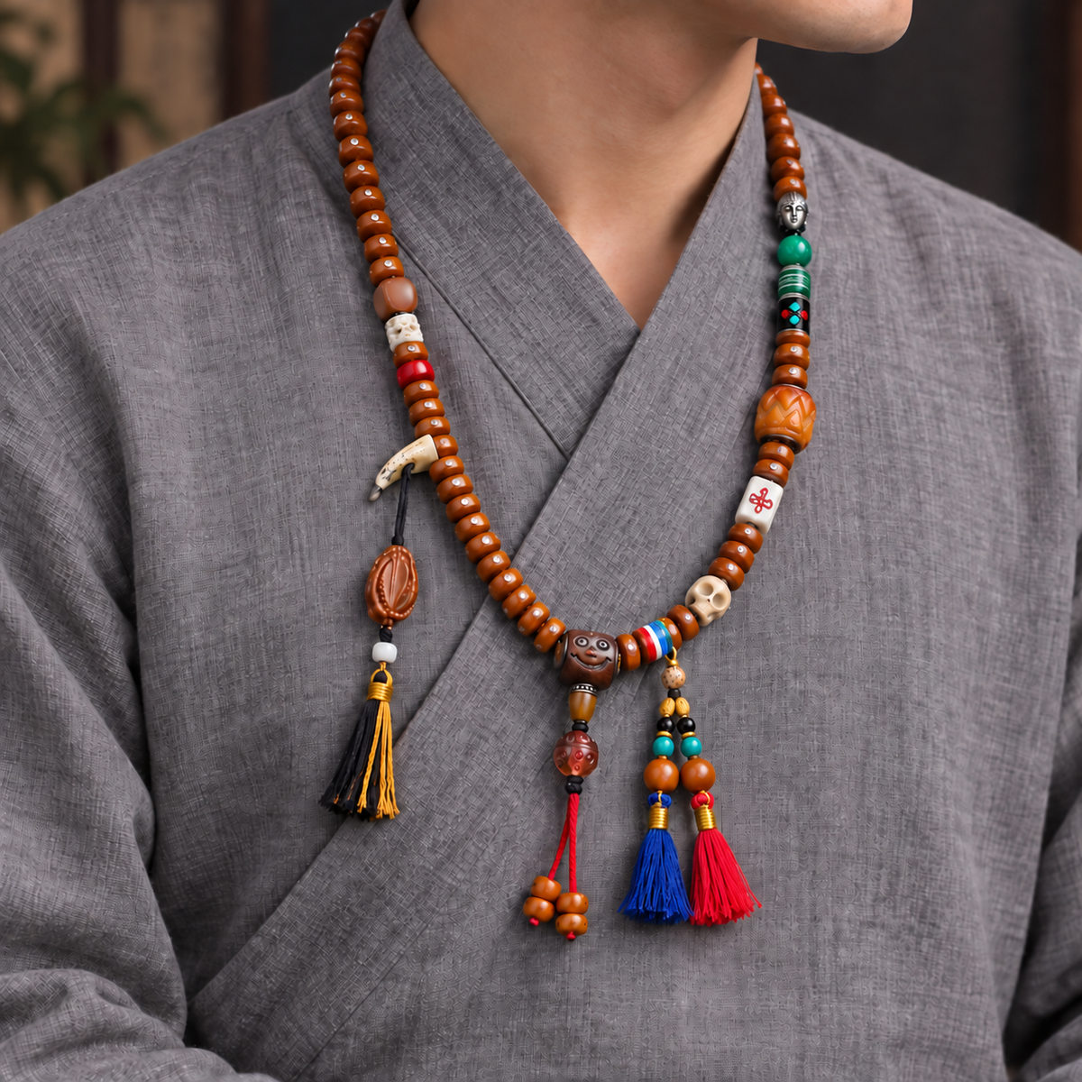 EverestArtstudios Metal-Inlaid Yak Bone 108-Bead Mala with Glass Accents — linen side