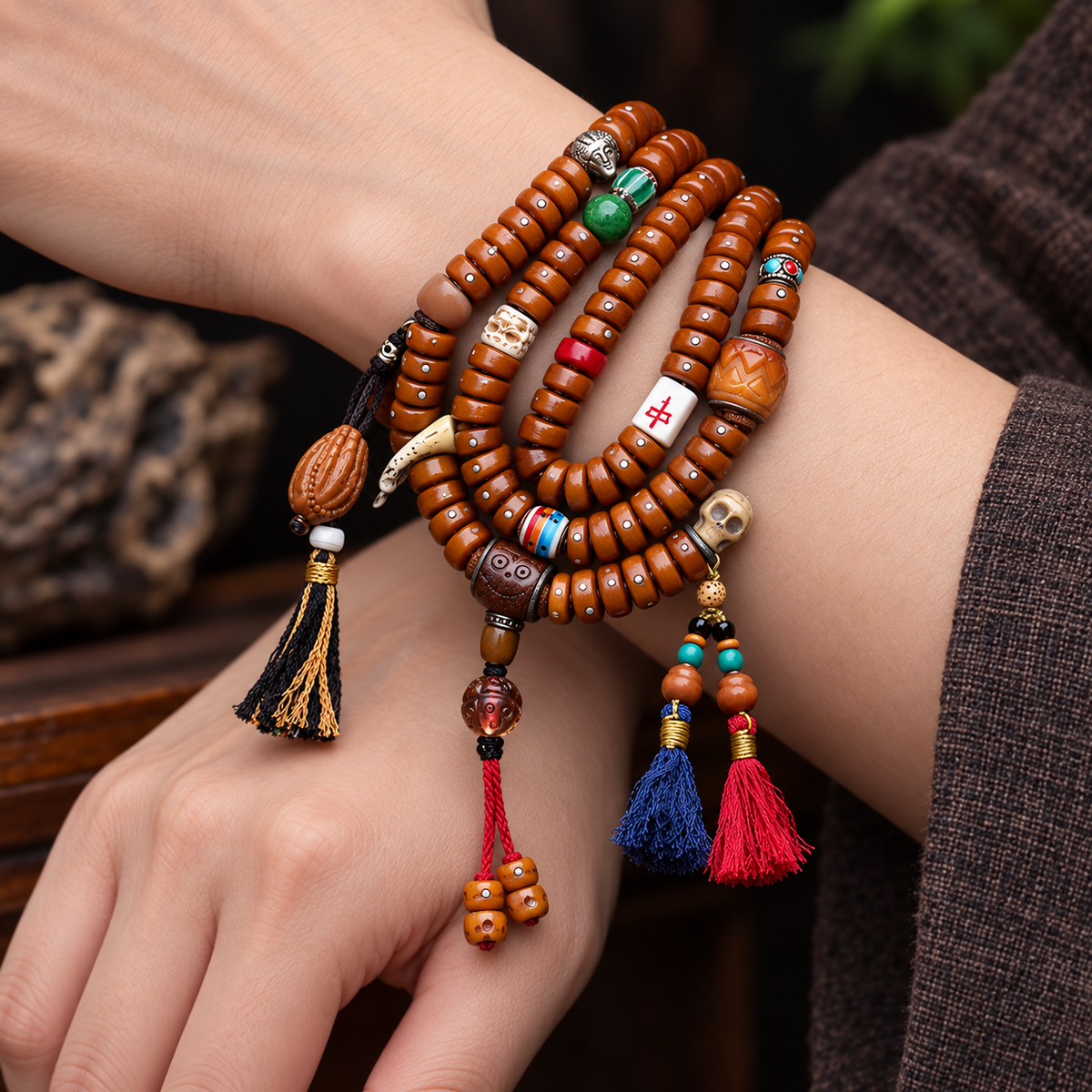 EverestArtstudios Metal-Inlaid Yak Bone 108-Bead Mala with Glass Accents — wrist crossed