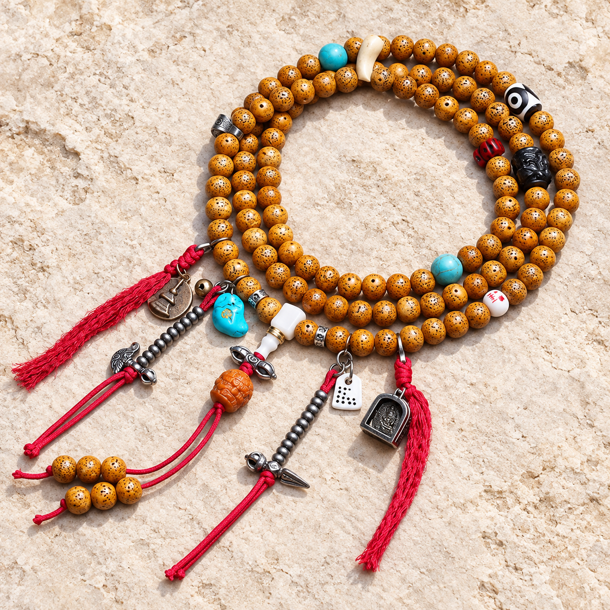 EverestArtstudios Xingyue Bodhi 108-Bead Mala with Dzi-Style Agate and Bone Accents — overall display