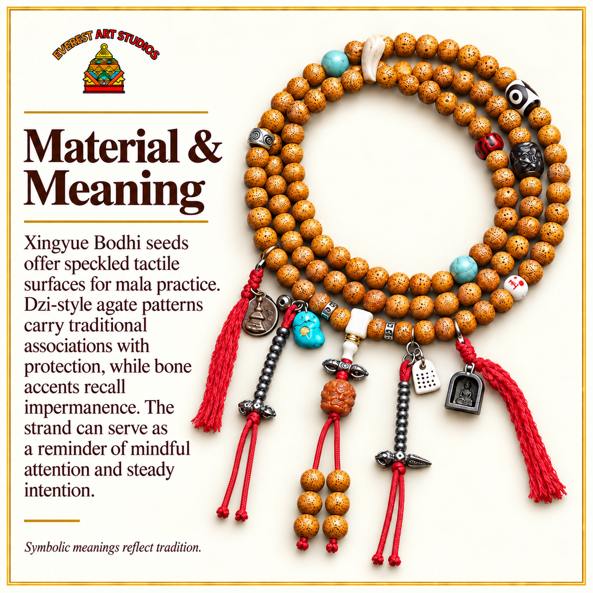 EverestArtstudios Xingyue Bodhi 108-Bead Mala with Dzi-Style Agate and Bone Accents — materials meaning