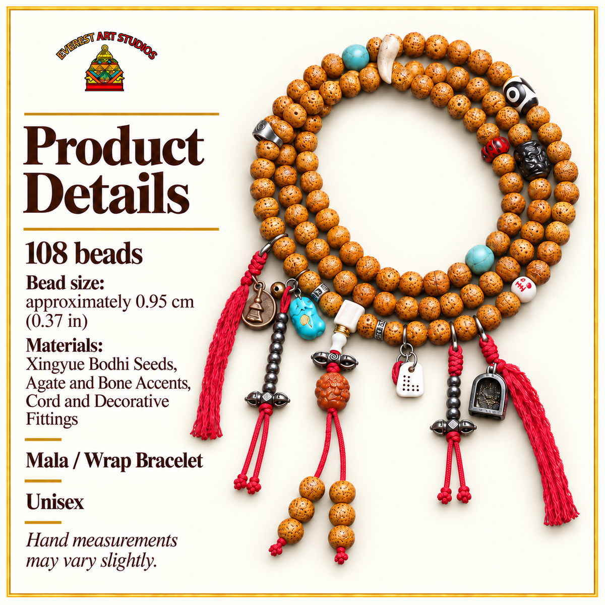 EverestArtstudios Xingyue Bodhi 108-Bead Mala with Dzi-Style Agate and Bone Accents — specifications