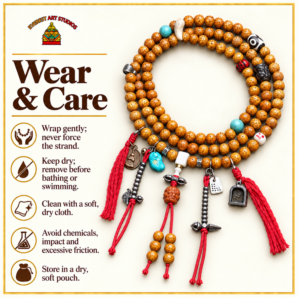 EverestArtstudios Xingyue Bodhi 108-Bead Mala with Dzi-Style Agate and Bone Accents — care