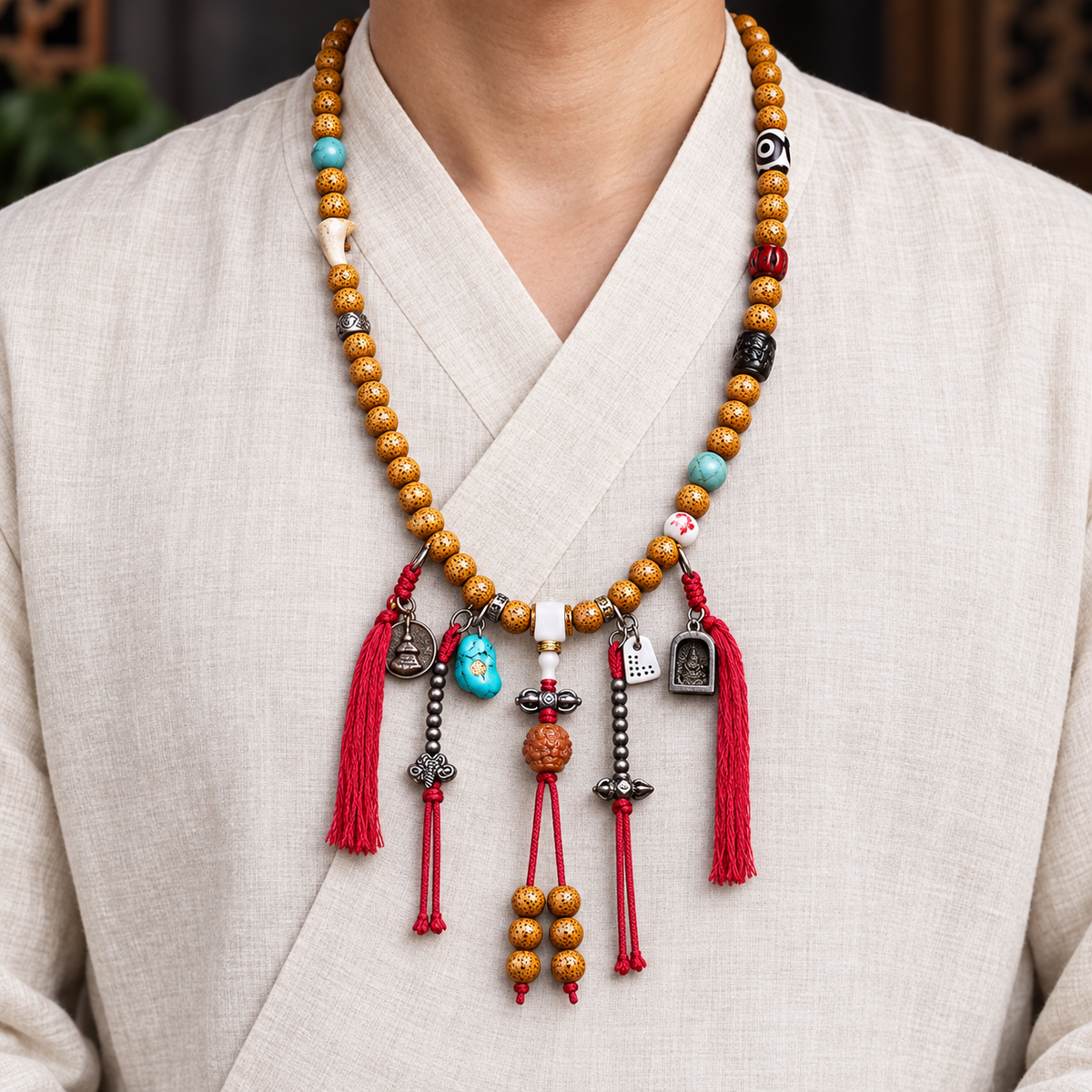 EverestArtstudios Xingyue Bodhi 108-Bead Mala with Dzi-Style Agate and Bone Accents — linen front