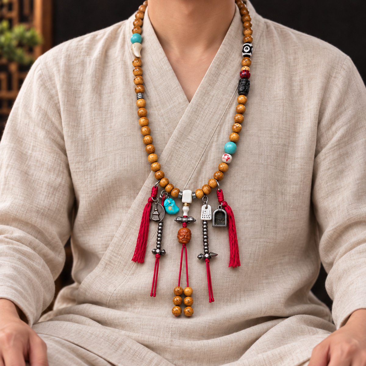EverestArtstudios Xingyue Bodhi 108-Bead Mala with Dzi-Style Agate and Bone Accents — linen seated