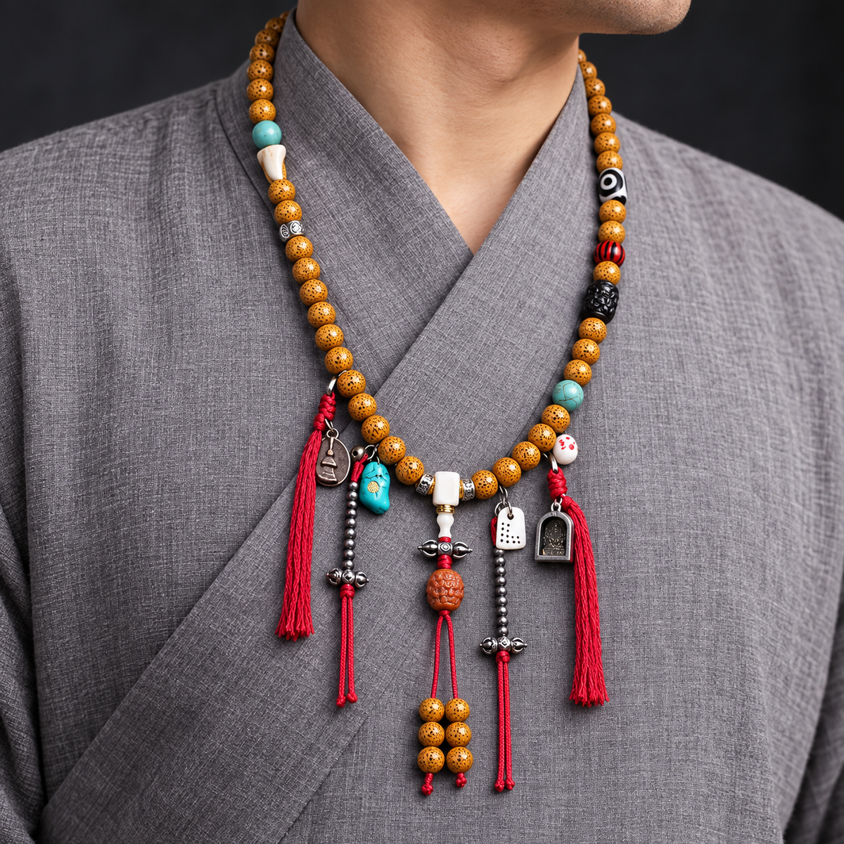 EverestArtstudios Xingyue Bodhi 108-Bead Mala with Dzi-Style Agate and Bone Accents — linen side