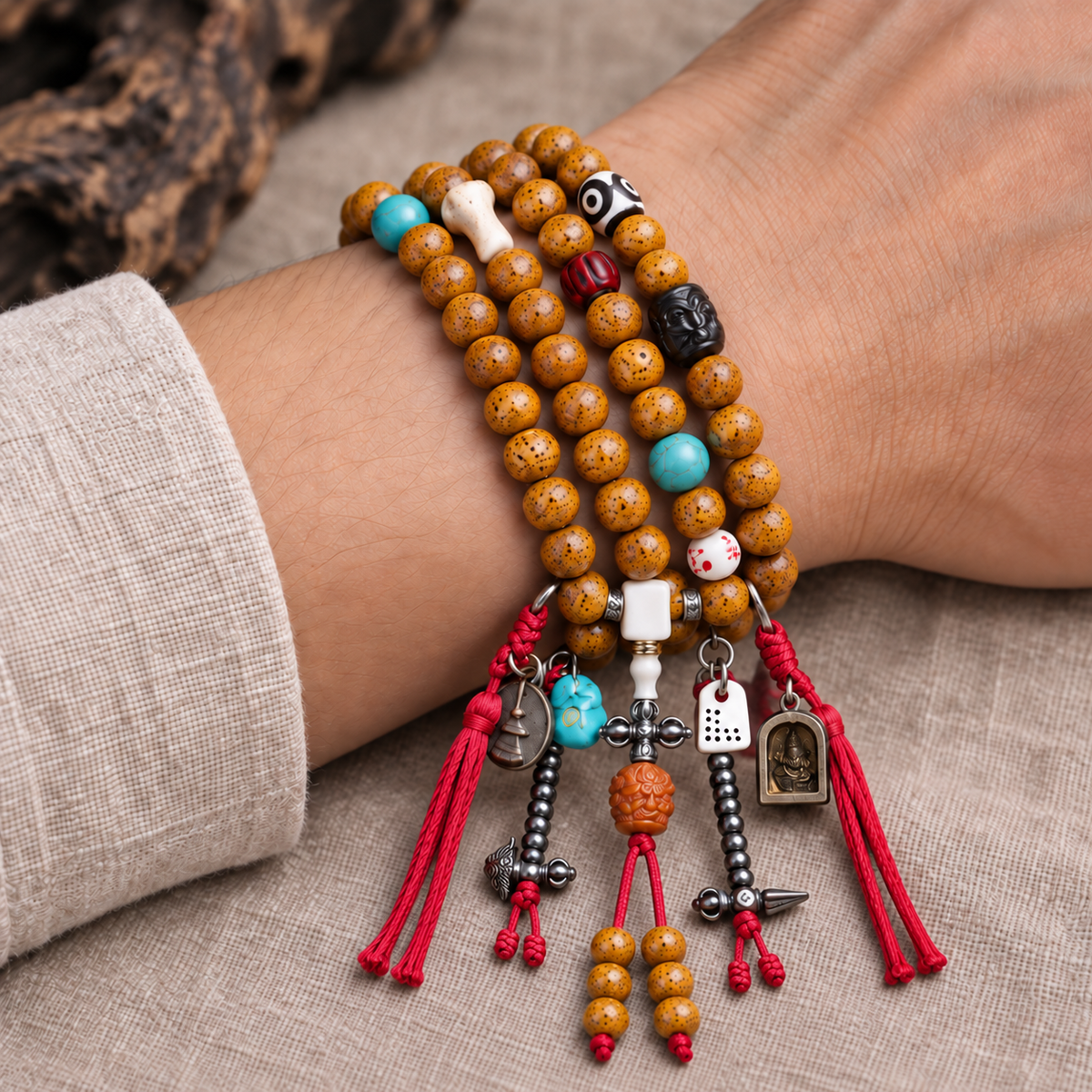 EverestArtstudios Xingyue Bodhi 108-Bead Mala with Dzi-Style Agate and Bone Accents — wrist resting