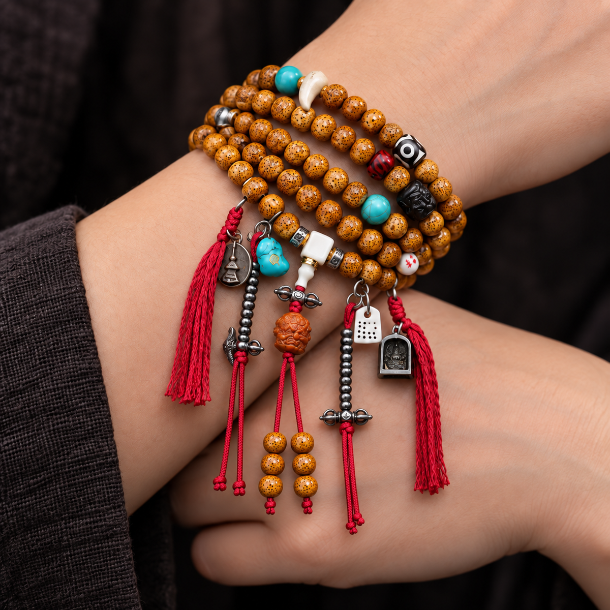 EverestArtstudios Xingyue Bodhi 108-Bead Mala with Dzi-Style Agate and Bone Accents — wrist crossed