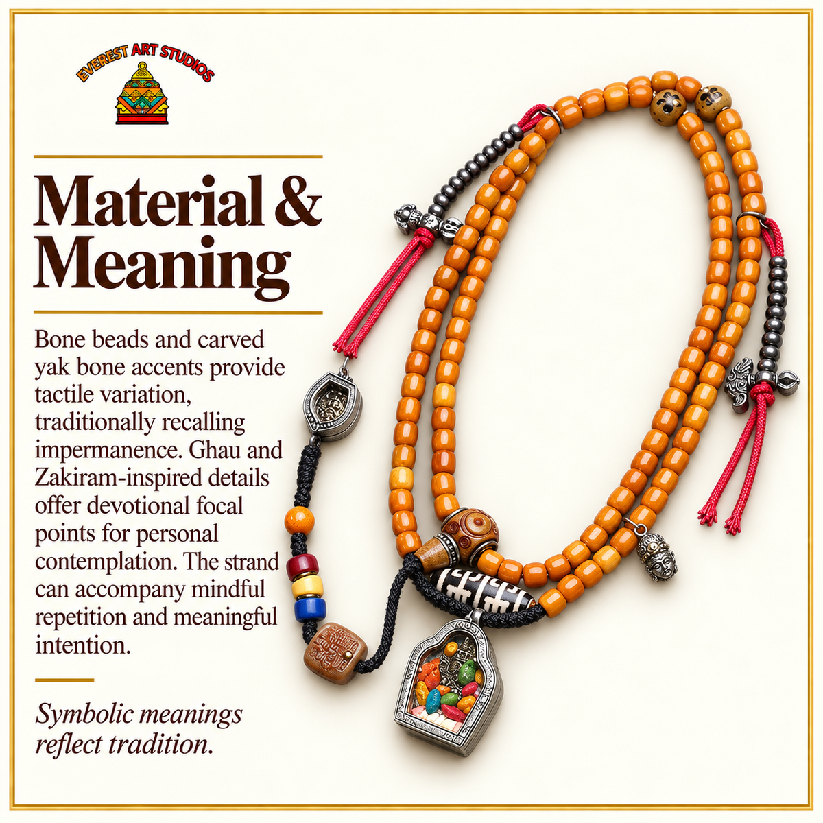 EverestArtstudios Bone 108-Bead Mala with Ghau and Zakiram-Inspired Pendant — materials meaning