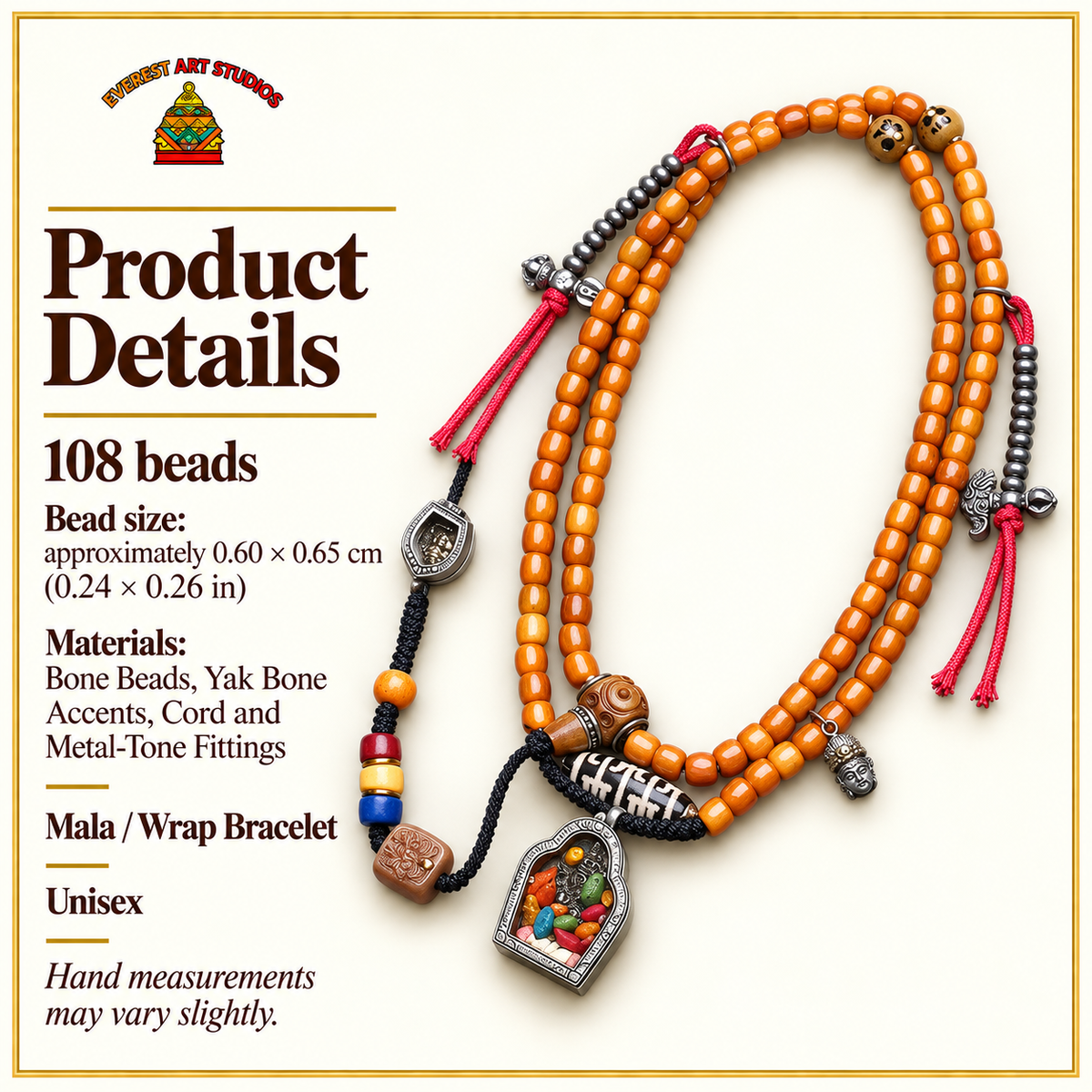 EverestArtstudios Bone 108-Bead Mala with Ghau and Zakiram-Inspired Pendant — specifications